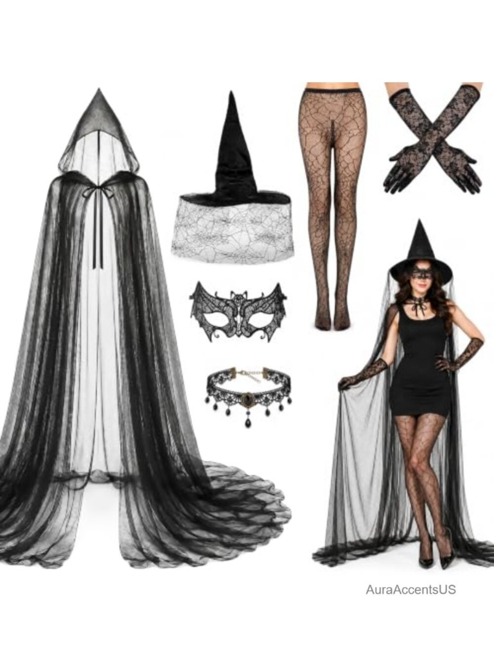 Halloween Gothic Lace Tulle Hooded Cape Costume Set - Vampire Cosplay